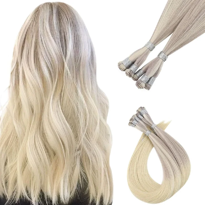 [US Only][Fixed Price $69.99]Virgin Hand Tied Hair Extensions Balayage Ombre Brown with Blonde Hair Weft#18/22/60