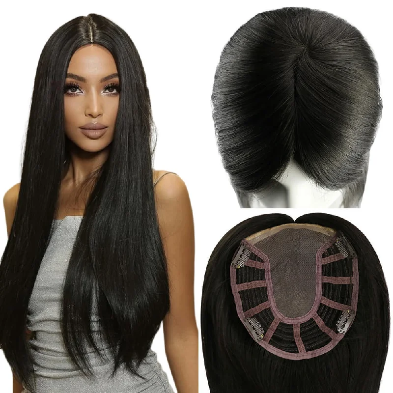 [USA Only] Natural Black Virgin Hair Mono Topper Human Hair Clip in Toupee #1B