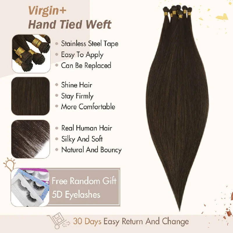 Vivien Virgin+ Hand-tied Real Human Hair Weft Extensions Medium Brown #4