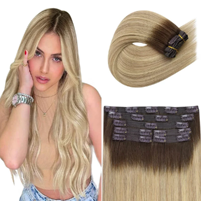 Virgin Human Hair Clip in Hair Extensions Balayage Brown with Blonde Highlights #2/18/22