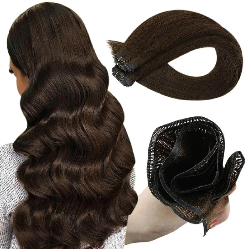 Moresoo Weft Hair Sew In Virgin  Silk Flat Weft Human Hair Bundles Chocolate Brown (#4)