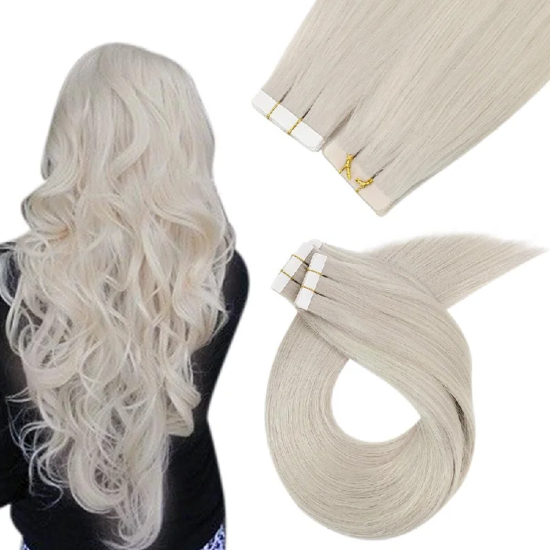 Tape in Hair Extensions Real Human Virgin Hair Invisible Straight Hair White Blonde #1000