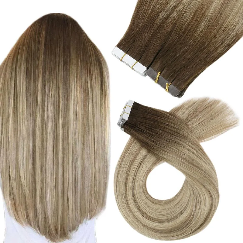 Balayage Ombre Brown to Blonde Virgin Real Hair Extensions Skin Tape in Hair  #3/8/22