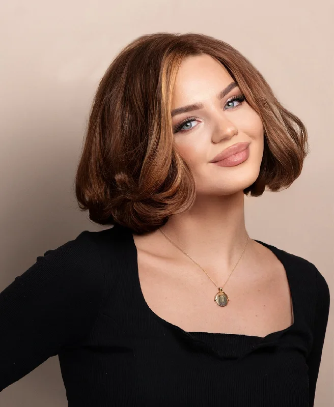 wedge bob human wig - 8"" caramel highlights.