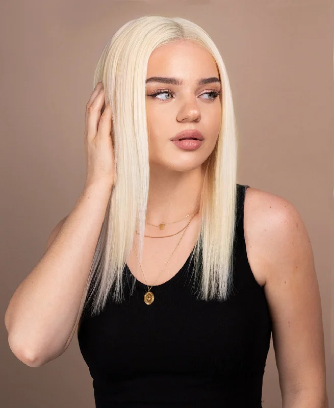 put on & go pre-cut lace human wig - 14"" light blonde.