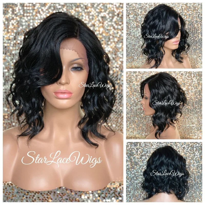 Lace Front Wig Asymmetrical Angled Bob Wavy Black Bangs - Trudy