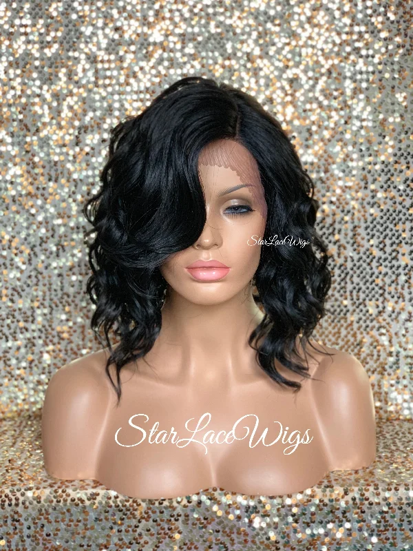 Lace Front Wig Asymmetrical Angled Bob Wavy Black Bangs - Trudy