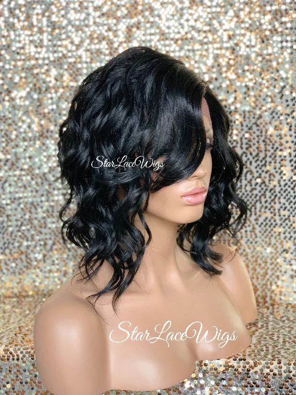 Lace Front Wig Asymmetrical Angled Bob Wavy Black Bangs - Trudy