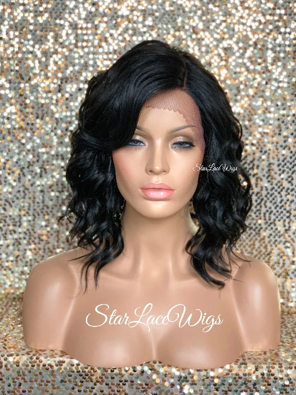 Lace Front Wig Asymmetrical Angled Bob Wavy Black Bangs - Trudy